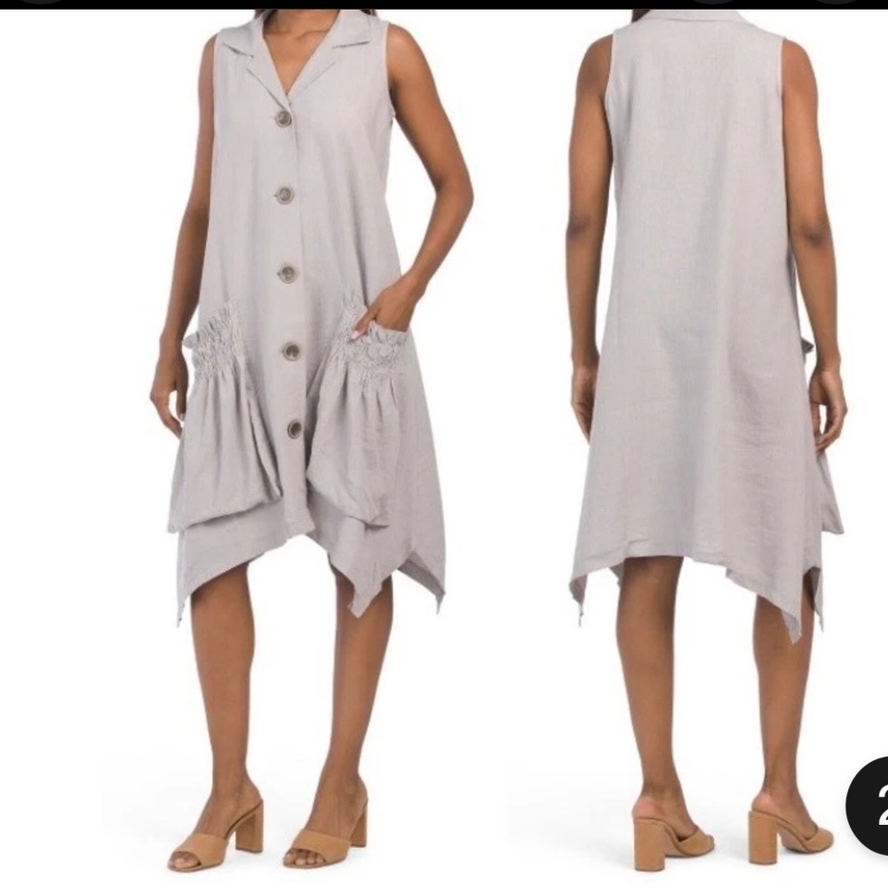 For Cynthia Linen Blend Sleeveless Shark Bite Hem Dress w/Pockets M